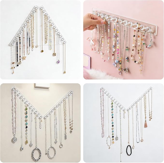 2Pcs Acrylic Necklaces Holder Hanging Jewelry Organizer Wall Mounted Necklace Hangers with 12 Hooks,Clear Jewelry Hangers for Necklace Organizer for Women Necklace Hooks for Wall