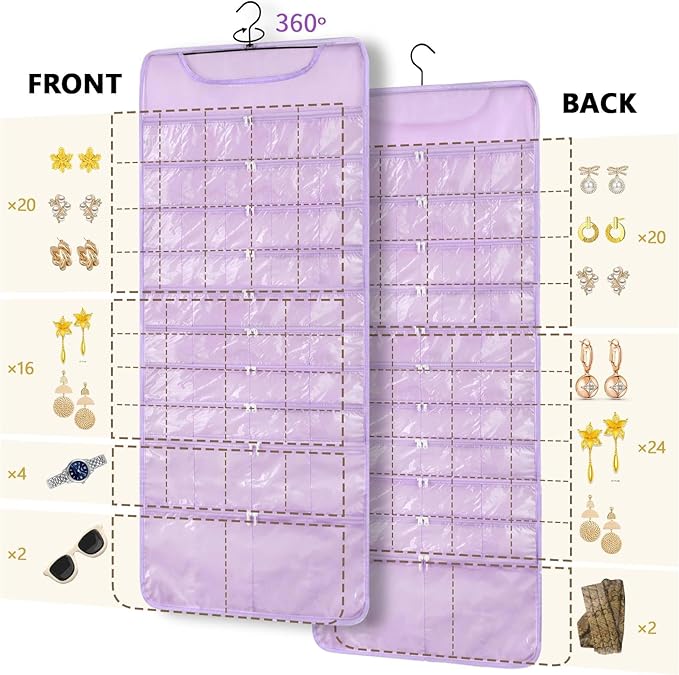 FOREGOER Hanging Jewelry Organizer with 88 Zippered Pockets, Dustproof Foldable for Travel, Accessories Organizer for Holding Jewelries Earring Organizers and Storage (Purple)