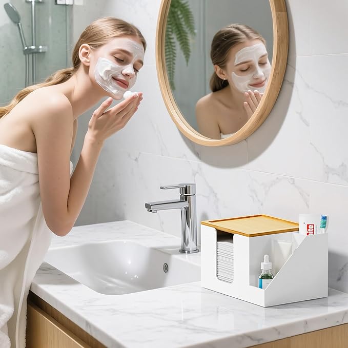 VITVITI Disposable Face Towel Holder Box, Acrylic Clean Skin Club Facial Towel Container with Toothbrush Holders, Large Disposable Face Towels Storage for Bathroom Vanity Makeup, White