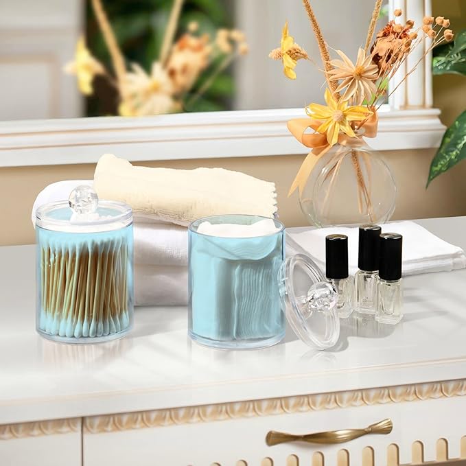 Light Blue Qtip Dispenser Apothecary Jars Bathroom Qtip Holder Storage Canister 10 Oz Plastic Jar for Cotton Ball Swab Round Pads Floss 2pcs