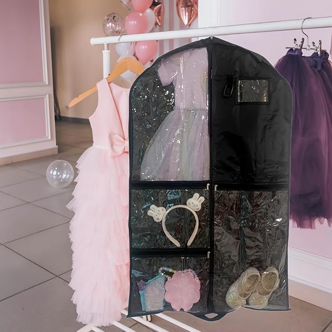 Dance Costume Garment Bag for Travel with Handles, 39 Inch Garment Bag for Dance Competitions, Kids Hanging Clothes Cover for Girls Closet Storage with 4 Zippered Pockets (Black-1 Pack)