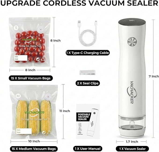 Handheld Vacuum Sealer Kit for Food Storage - Compact Vacuum Sealer Machine with 30 Reusable Bags,Portable Rechargeable Food Saver for Sous Vide, Meal Prep & Freezer Storage