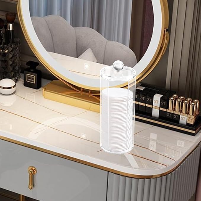 Acrylic Cotton Rounds Holder with Lid for Vanity, Facial Makeup Remover Pads Organizer, Clear Round Cosmetic Storage Display Cases