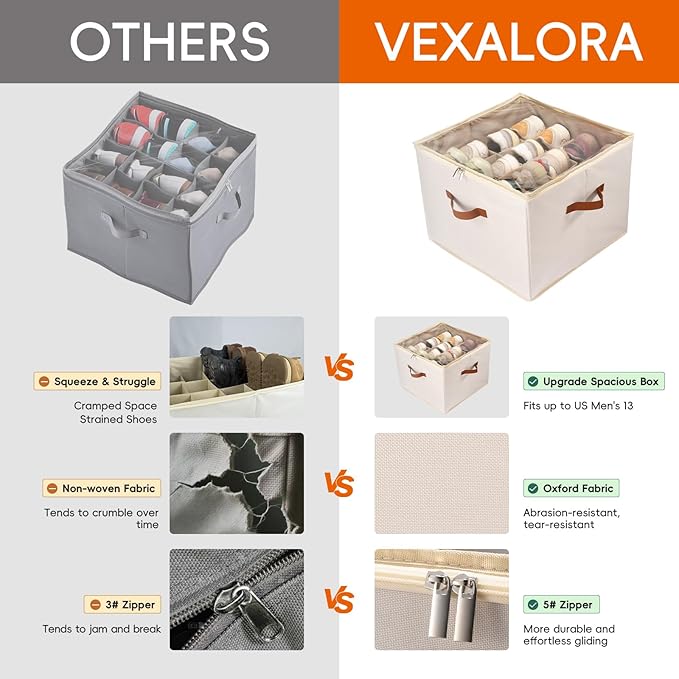 Shoe Organizer Box 2 Pack, Shoe Storage Organizer with Clear Cover, Adjustable Dividers Fits 16-32 Pairs, Fabric Shoe Organizer for Closet, Beige