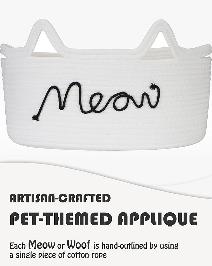 Sea Team Cat Toy Basket with Handles, 16.5 x 11 x 7 Inches, 4.4 Gallons Large Cotton Rope Storage Bin, Box, Shelf Organizer for Pet Chew Toys, Foods, White Meow