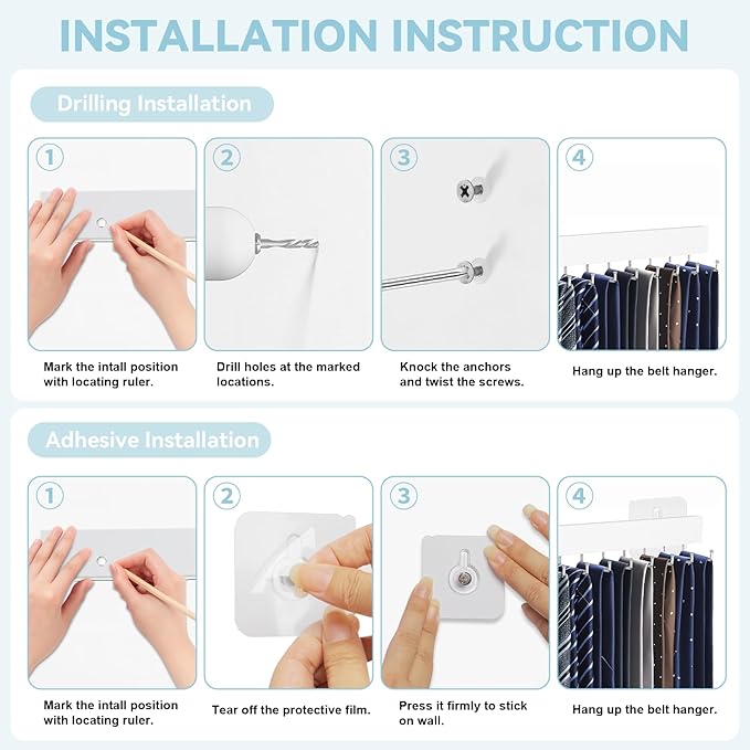 Tie Rack Wall Mount, Adhesive Wooden Closet Tie Hanger with 24 Metal Hooks, Large Capacity, 2 Installation Options, White, 2 Pcs
