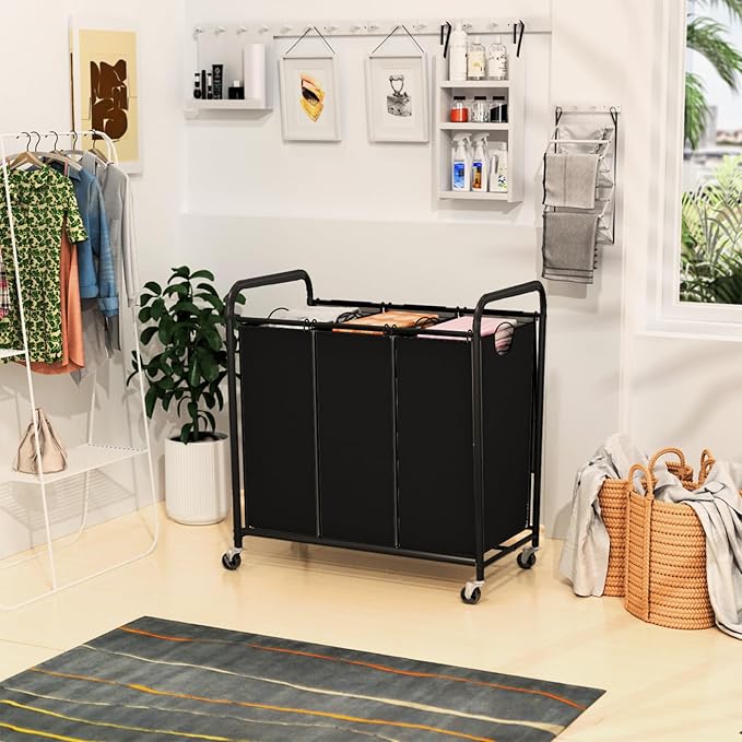 180L (47.55 Gal) Laundry Sorter 3 Section, Rolling Laundry Basket with Lockable Wheels and Lid, Laundry Hamper with 3 Separated Removable Bags Dirty Clothes Hamper for Laundry Room Organizer, Black