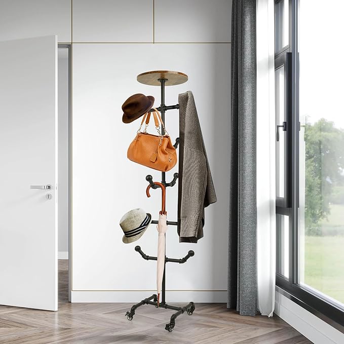 uyoyous Industrial Standing Hat Rack, Heavy Duty Metal Pipe Hat Display Stand with Wheels, Freestanding Rolling Hat Organizer Tree for Cowboy Hats & Caps, 10 Hanger Hooks for Bedroom Entryway