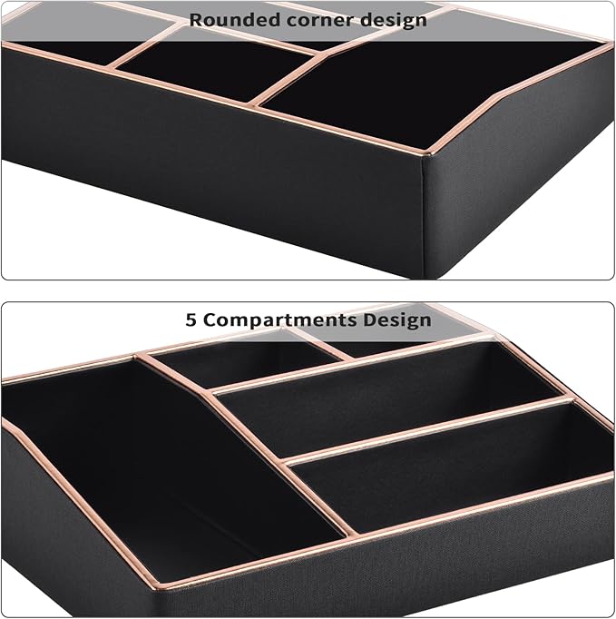 PU Leather Makeup Organizer Tray,Large Vanity Organizer,Cosmetic Storage Box for Lipstick Brushes Skincare Perfume,Cosmetic Display Case Rose Gold-trimmed for Dresser,Bathroom Countertop(Black)