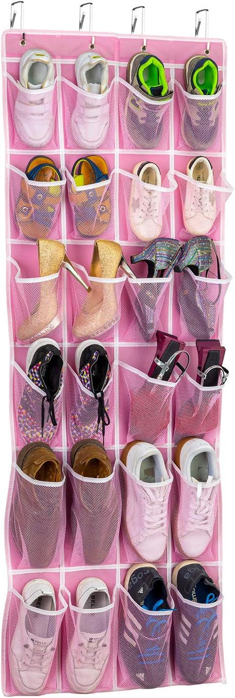 SAVERHO Hanging Shoe Organizer, Over The Door Shoe Organizer with 24 Breathable Mesh Pockets for Men Women Kids Hanging Shoe Storage Rack Organizer Size:58x21 Inch(Pink)