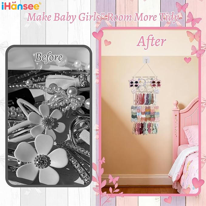 Hair Bow Organizer for Girls, Large Capacity Headband Holder Bow Holder W/ 20 Hooks & 8 Ribbons, Wall Hair Accessory Organizer for Baby Nursery Room Decor(30x14 Inch,Beige)