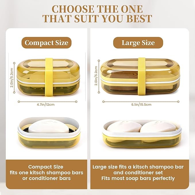Shampoo Bar Holder and Soap Case, Leakproof Travel Container with Lid & Drain Tray, Includes Silicone Strap and Soap Bag, Compatible with Kitsch Solid Shampoo & Conditioner Bars(Lemon Yellow, Large)