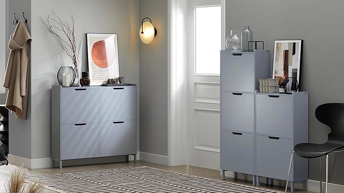 Haotian Slim Shoe Cabinet Entryway, Hidden Shoe Storage with Three Flip Drawers to Save Space, Freestanding Shoe Rack for Front Door, Entryway, Hallway Grey