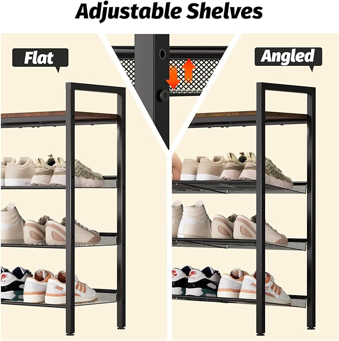 WIN4ALL Shoe Rack for Front Door Entrance, 4 Tier Shoe Rack for Entryway, 12-16 Pairs of Shoes, Metal Shoe Rack Organizer, Free Standing Shoe Rack for Closet (Black+Rustic Brown)