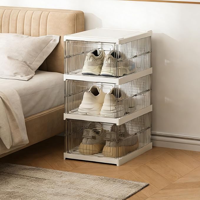 TARSHYRY Foldable Shoe Organizer, Stackable Shoe Rack with Transparent Door, Space Saving Bin Holder for Sneaker Container, Organizer for Boots, Heels, Sandals (3 Layers 10.04x13.58x20.67in)