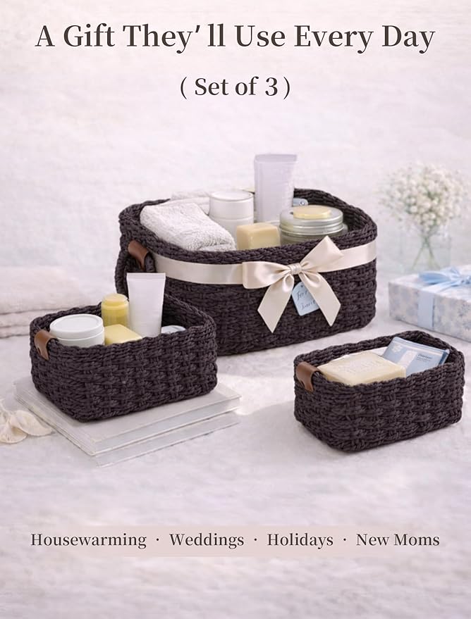 Storage Basket, Recycled Paper Rope Basket Organizer, 3Pcs Small Baskets for Organizing, Mini wicker Basket for Decorative Storage Bins, Shelves, Cabinet - Dark Brown