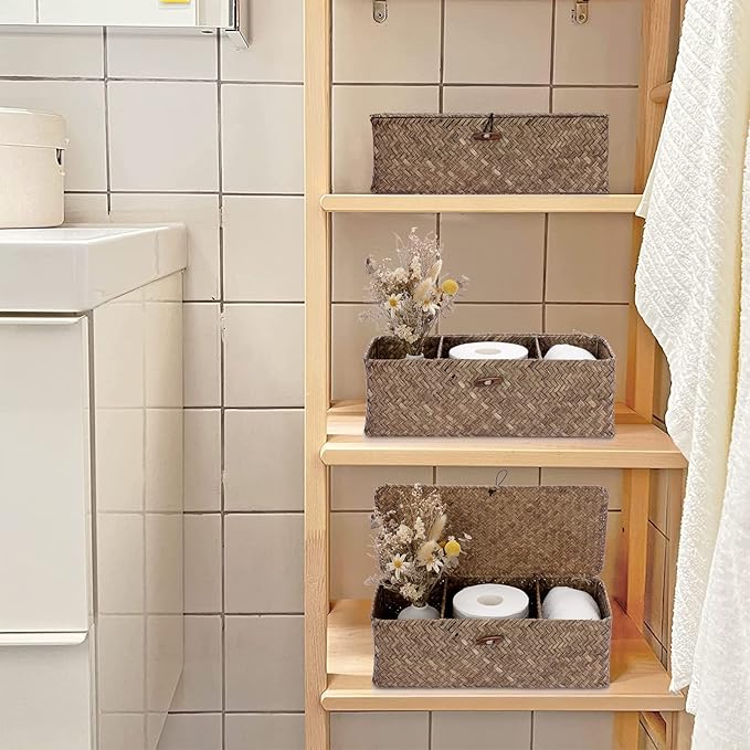 Hipiwe Storage Basket with Lid Toilet Tank Basket Holder Handwoven Wicker Basket Home Organizer Bin for Shelves Bathroom Closets Kitchen, Coffee