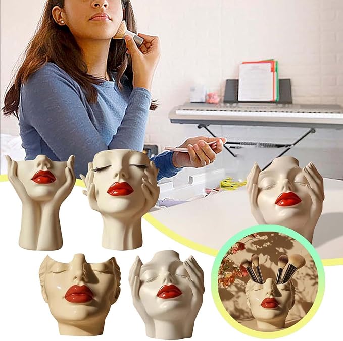 Women's Head Shape Boho Feminist Decoration, Minimalist Statue Storage Decor Face Makeup Brush Holder, Modern Statue Storage Makeup for Table Shelf Living Room Office (Beige 5.90 * 4.72 * 3.15in)