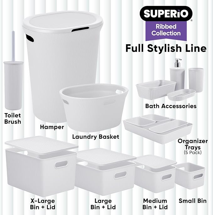 Decorative Plastic Basket Lidded Home Storage Bins Organizer Baskets, Large White Smoke (1 Pack - 15 Liter) Stackable Container Box, for Organizing Closet Storage Bins for Shelves - Ribbed Collection