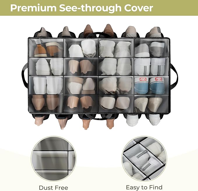 Extra Large Shoe Organizer for Closet, Fits up to 28 Pairs, Fabric Shoe Box Storage Containers with Adjustable Dividers and Clear Cover, Black, 2 Pack