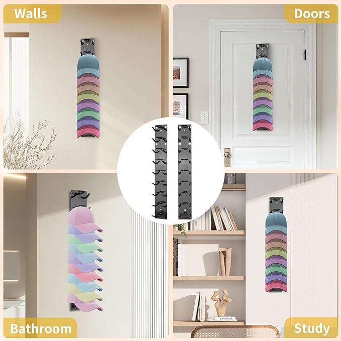 Hat Organizer 2-Pack, Strong Fixed Hat Rack for Wall - Multi-Tier Holds 18 Caps, Space Saving Closet Door Organizer, No Drill Mount for Bedroom/Entryway(2PCSBlack)