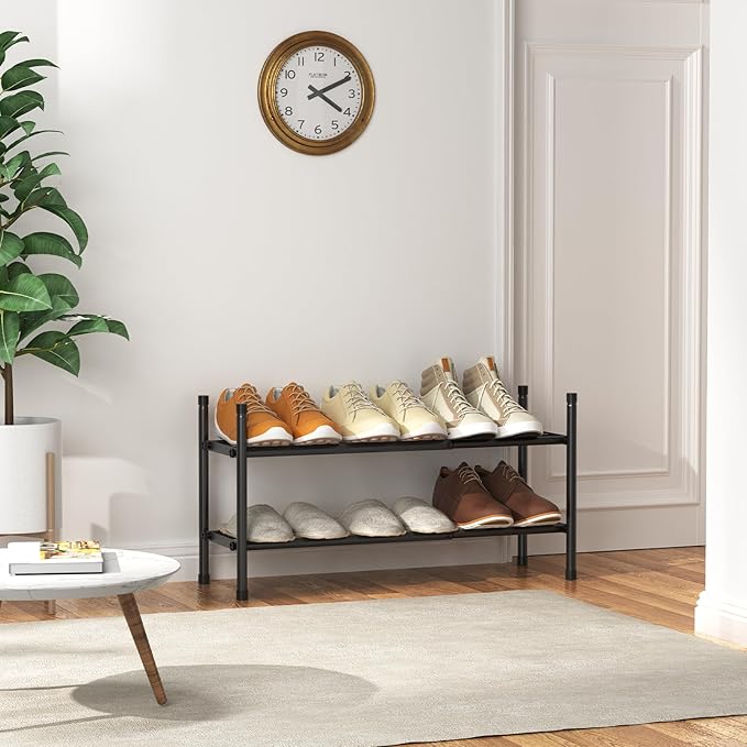 Uneviesyka Expandable Shoe Rack, 2 Tier Shoe Rack for Closet, Stackable Adjustable Standing Metal Shoe Shelf Organizer Storage, Small Shoe Racks for Front Door Entrance、Entryway(Black)