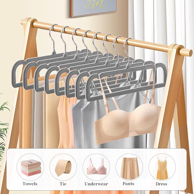 14 Inch 30 Pack Velvet Pants Hangers Non Slip,Slim Felt Jean Hangers with 10 Hooks and 2 Clips,Strong Durable Thin Space Saving Clothes Hanger with 360°Swivel Hook for Shorts,Skirts Bra(Grey)