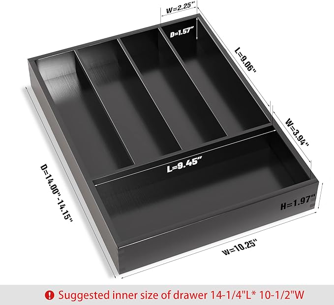 Silverware Drawer Organizer Cutlery Tray - Bamboo Black Small Kitchen Gadgets Holder&Flatware Storage 14"D * 10-1/4"W * 2"H