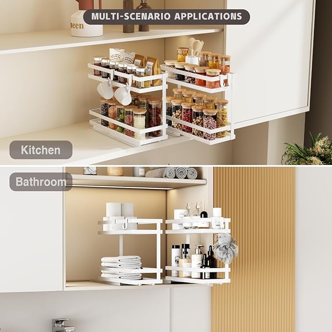 Magheo Pull Out Spice Rack Organizer for Cabinet, 1 Pack Metal Seasoning Organizer Slide Out Spice Storage Shelf No Assembly Vertical Spice Rack Pullout for Kitchen & Bahthroom No Drill(2 Tier,White)