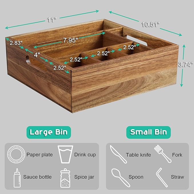 ALELION Acacia Wood Utensil Holder for Party - Paper Plate Organizer for Countertop - Silverware Caddy with 6 Compartments for Plate, Cup, Fork, Spoon - Cutlery Holder for Kitchen Camping Buffet