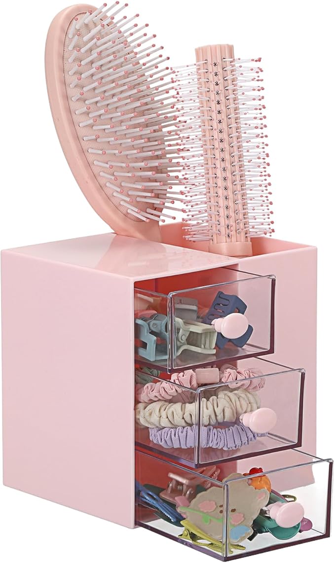 Plastic Hair Accessories Organizer with Comb Holder Makeup Container Jewelry Storage Box for Vanity Bathroom Countertop, Pink