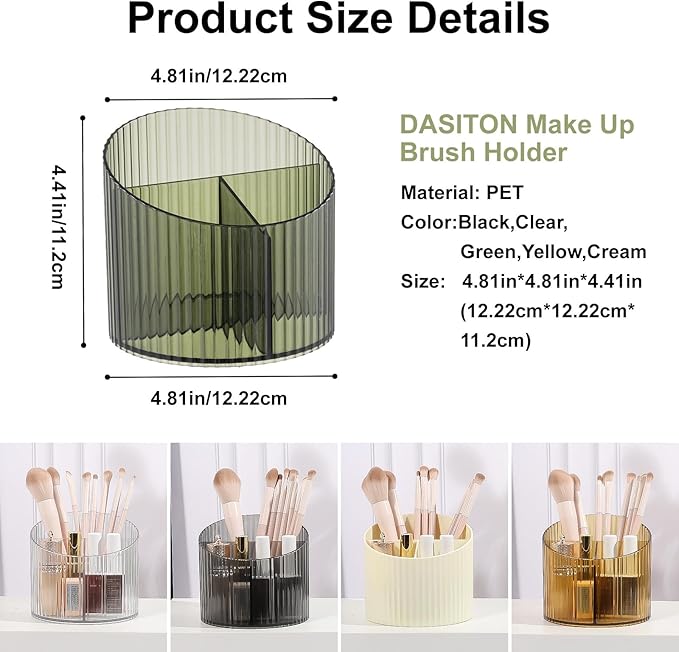 DASITON 3 Slots Makeup Brush Holder, Acrylic Makeup Brush Cup, Vintage Striped Make Up Brush Holder for Vanity Decor, Bathroom Countertops, Desk Storage Container, Cosmetic Display Cases (Green)