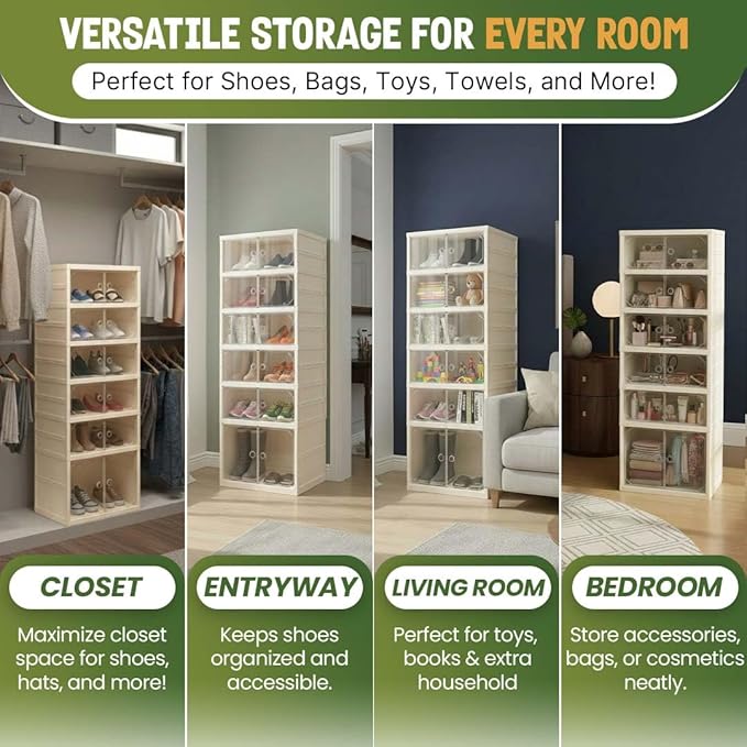 Foldable 6-Tier Shoe Rack Organizer, Large Clear Shoe Storage Cabinet with Magnetic Doors, Heavy Duty Slim Vertical Shoes Rack for Bedroom, Entryway or Garage - Beige (Holds 12 Pairs)