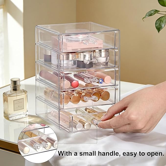 ELLDOO Rollerball Perfume Organizer with 5 Drawer, Clear Acrylic Perfume Storage Holder Beauty Scent Holder, Makeup Lipgloss Lipstick Display Case Office Supplies Box