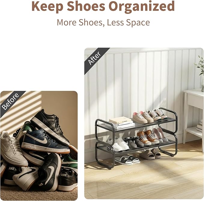 2 Tier Shoe Rack - Expandable Shoe Organizer for Closet, Adjustable Metal Shoe Shelf Storage, Stackable Long Shoe Stand Holder for Garage, Entryway, Door Entrance