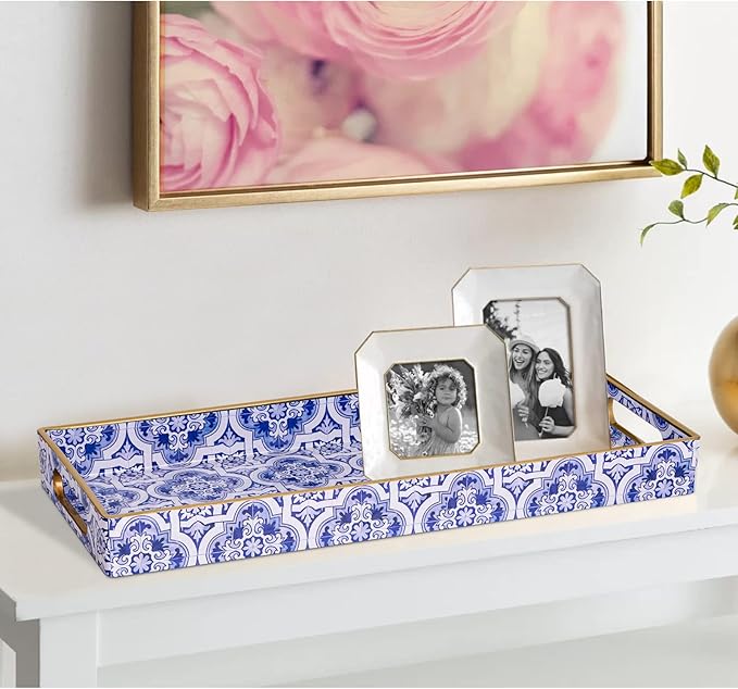 MAONAME Blue Decorative Tray, Plastic Serving Tray with Handles, Rectangular Moroccan Trays, Long Narrow Trays for Bathroom, Kitchen Counter, 13.8" X 6" X 1.57"