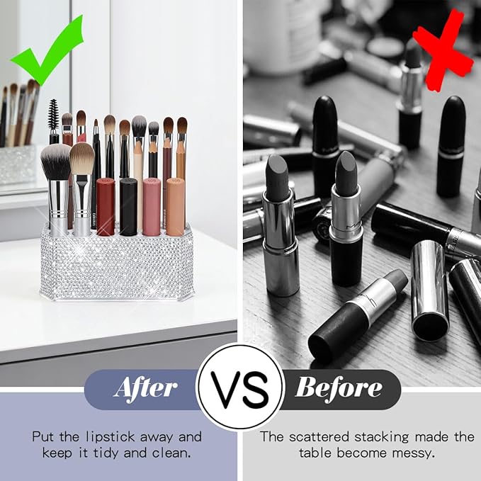 Bling Acrylic Makeup Eyeliner Lip Liner Holder Organizer with Glitter Rhinestone, 26 Spaces