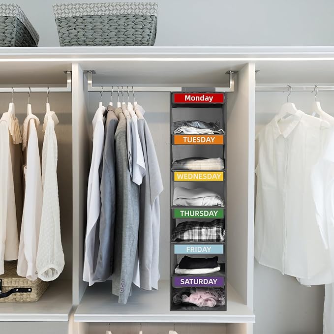 6-Shelf Weekly Clothes Organizer for Kids, Hanging Closet Organizer for Kids & Adults, Collapsible Hanging Closet Shelves, Monday-Saturday Days of The Week Clothes Shelves with 6 Side Pockets (Grey)