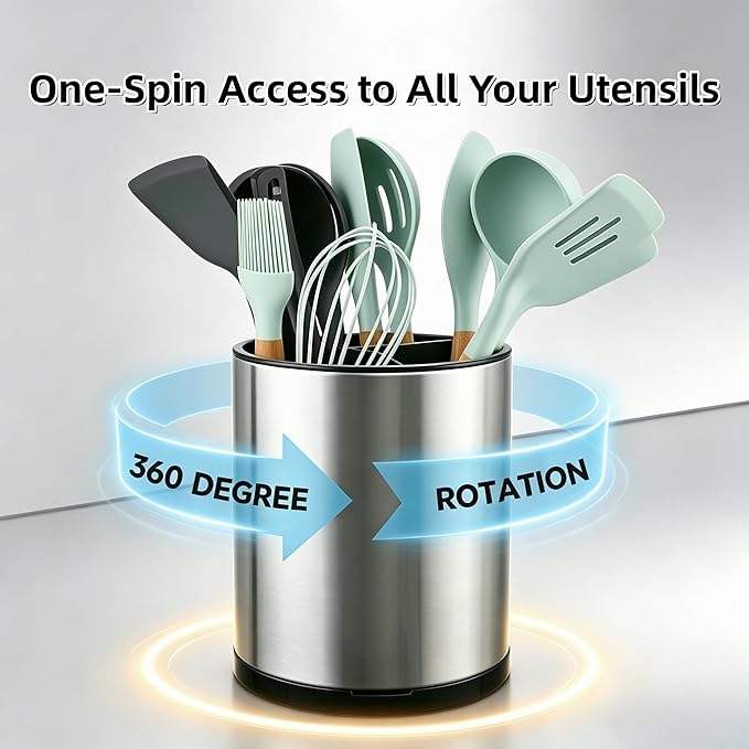 LIBODOUR Kitchen Utensil Holder Extra Large 360°Rotating For Counter Organizer Stainless Steel Storage Cooking Silverware Caddy 3 Compartment Flatware Spoon Spatula Tool Cutlery Container(Silvery)