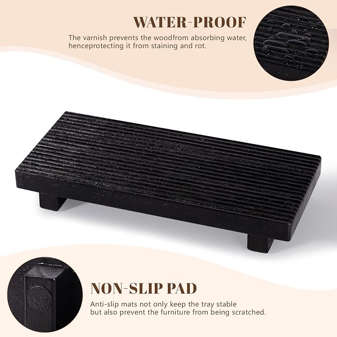 Bathroom Tray Farmhouse Decor Pedestal Stand Wood Riser Display Kitchen Accessories Soap Holder for Sink, Counter, Vanity,10 * 4.5 Black