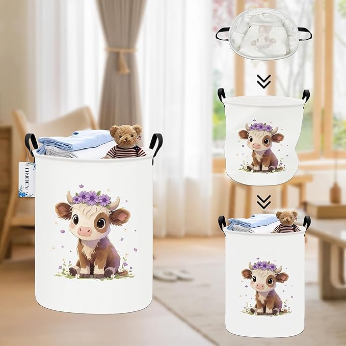 Round Cow Laundry Basket,Collapsible Laundry Hamper for Nursery,Cute Highland Cow Toy Storage Bin for Kids,Waterproof Storage Basket for Home,Bedroom,Playroom,New Parent Gift (Cute calf)