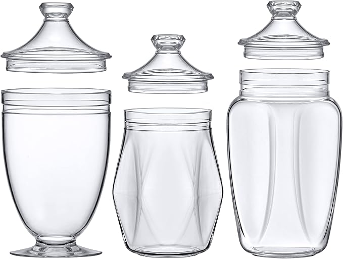 Amazing Abby - Enchant - Plastic Apothecary Jars (3-Piece Set, 46/45/59 oz), Acrylic Jars with Lids, Bathroom Canisters, Candy Buffet, Wedding Display, BPA-Free and Shatter-Proof (NOT Glass)