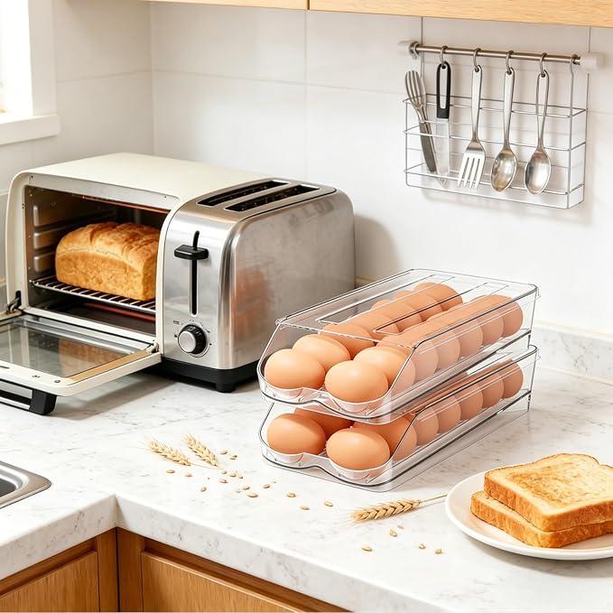 Egg Holder for Fridge,Automatic Rolling Egg Container for Refrigerator,2 Pack Clear Stackable 28-Count Egg Organizer with Lid, Fridge Organizers and Storage