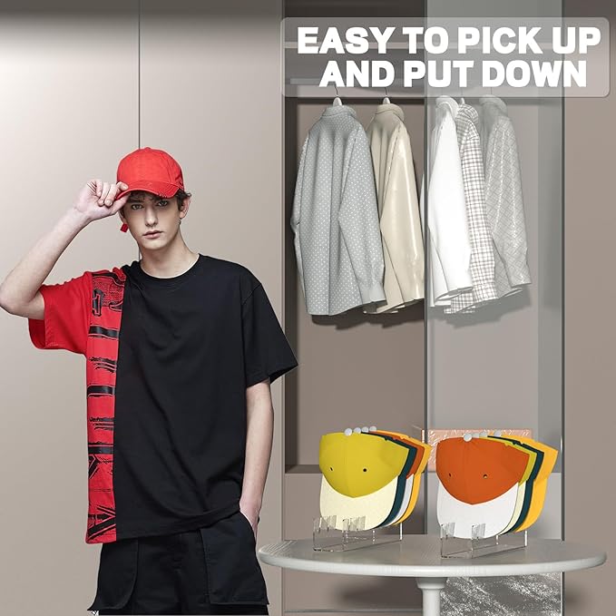 4 Pcs Hat Stand for Baseball Caps, No Install Acrylic Hat Organizer for 28 Baseball Caps, Hat Holder Hat Storage Hat Display Baseball Cap Rack for Bedroom, Closet, Dresser, Office (Clear)