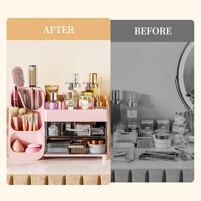 Makeup Organizer with Drawers for Vanity Bathroom Counter Organizers and Storage, Large Skincare Organizer with Brush Toothbrush Holder for Perfume, Nail Polish, Dresser, Office Supplies, Pink