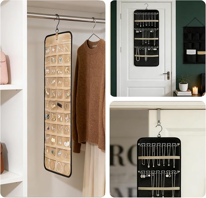 48 Pocket Oxford cloth hanging jewelry organizer for closet,specially crafted for earrings,rings,necklace, bracelets and Other jewellery storage, Comes with a hook for wall mounted storage