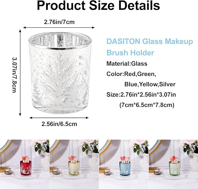 DASITON Makeup Brush Holder Organizer, Crystal Glass Cosmetic Makeup Brushes Storage Holder, Christmas Tree Make Up Brush Cup for Vanity Décor, Small Pen Holders for Desk, Toothbrush Holders (Silver)