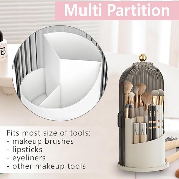 Makeup Brush Holder Organizer with Lid 360 Rotating Clear Dustproof 3 Compartment Design Makeup Brushes Organizer for dressing table and Bathroom Countertop (Gray)