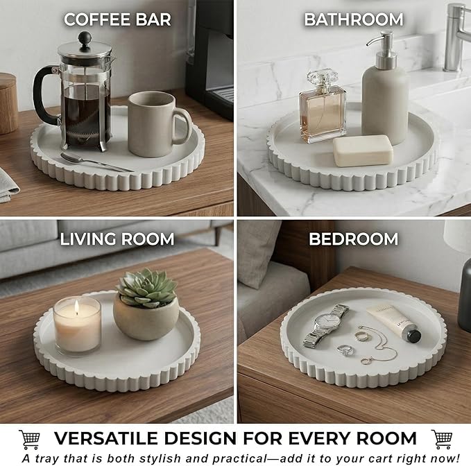 Round Silicone Bathroom Vanity Tray, Decorative Organizer for Soap, Perfume, Candle, Kitchen Countertop, Coffee Table Decor (White, 9")