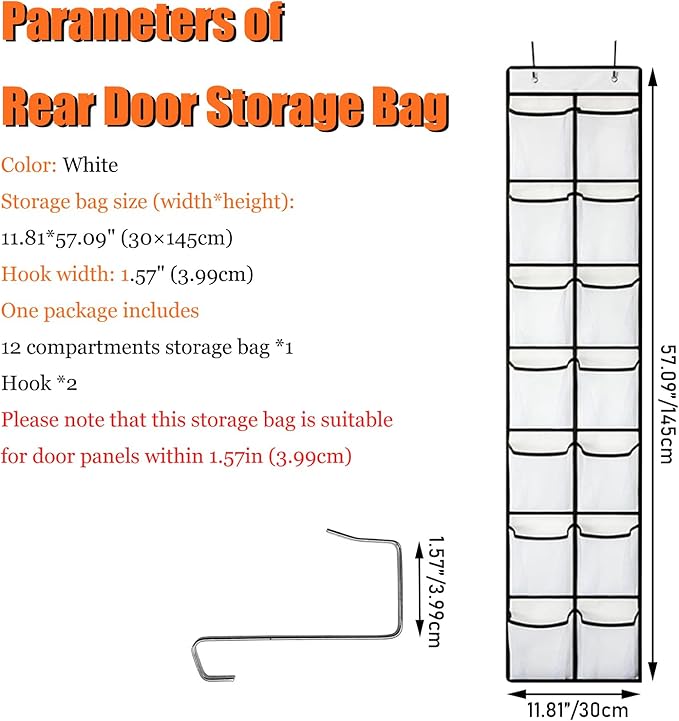 12-Compartment Rear Door Storage Bag White Behind The Door Storage Bag with 12 Compartments for Storing Sundries, Shoes and so on, White Color